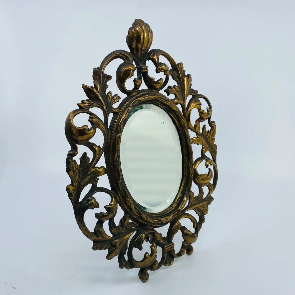Antique Bronze Ornate Free Standing Beveled Mirror.